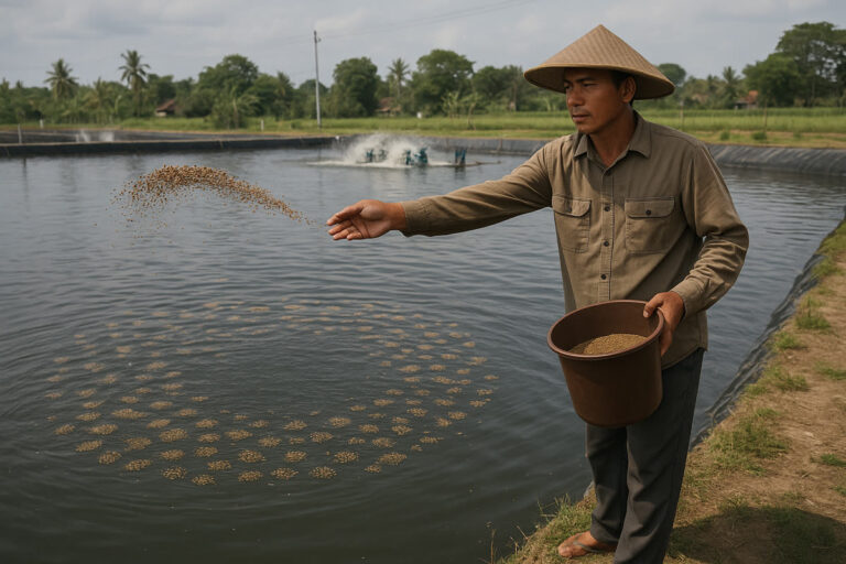 Blind feeding udang vaname di tambak Indonesia