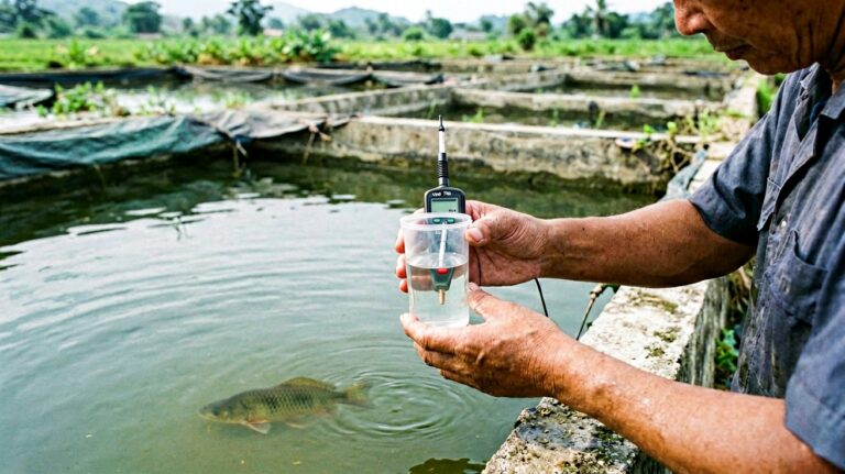 Peternak mengecek sampel air kolam terpal saat menyelidiki ikan nila sirip robek warna pucat