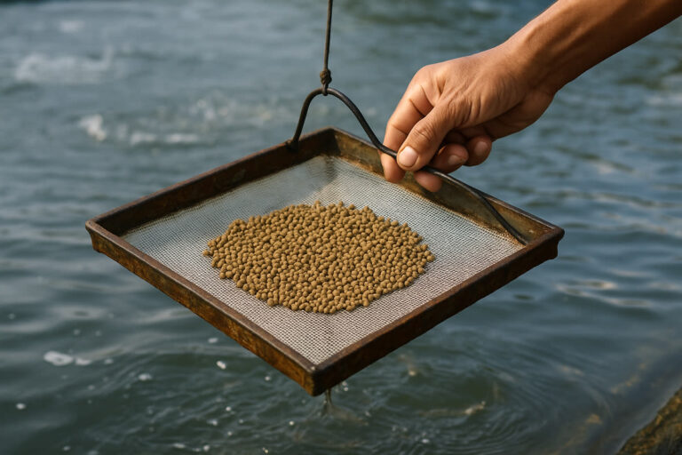 Pengecekan feeding tray udang vaname di tambak