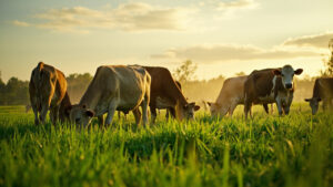 Cattle grazing on lush green pasture