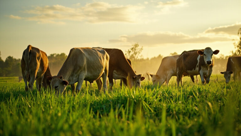 Cattle grazing on lush green pasture