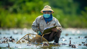 Peternak mengukur kepadatan padat tebar ikan patin di tambak