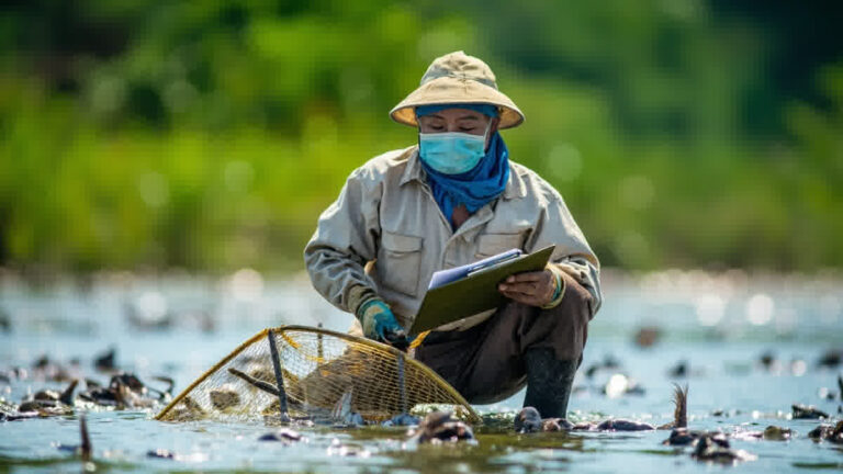Peternak mengukur kepadatan padat tebar ikan patin di tambak