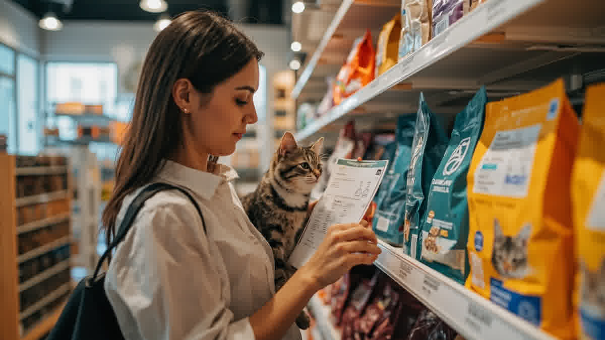 Pemilik kucing membandingkan label pakan kucing di petshop