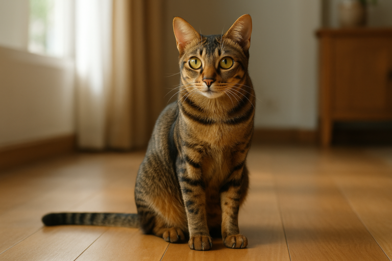 Kucing sehat dengan bulu mengkilap di rumah, pencahayaan alami indoor, realistis