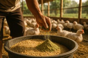 Peternak mencampur premix alami ke pakan ayam, suasana peternakan Indonesia
