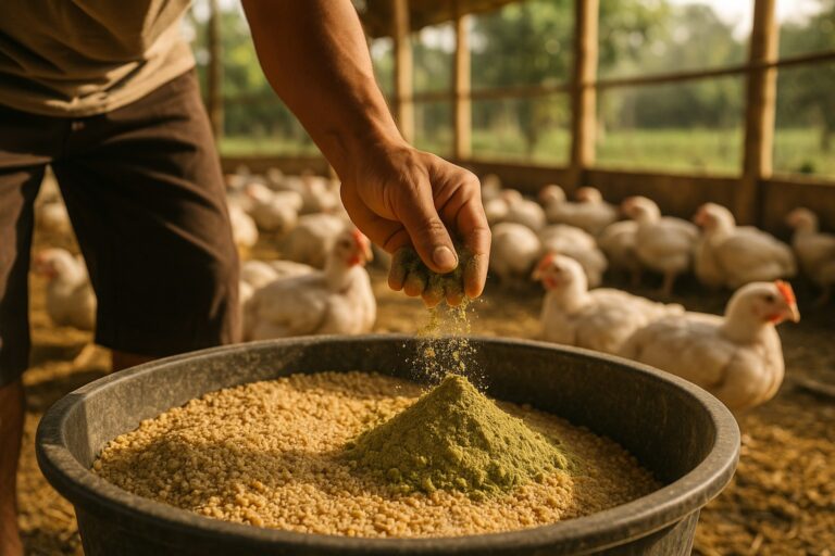 Peternak mencampur premix alami ke pakan ayam, suasana peternakan Indonesia