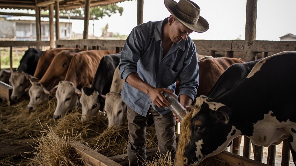 peternak memberi makan sapi potong di kandang
