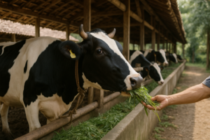 Sapi perah Holstein di peternakan Indonesia mendapatkan pakan berkualitas untuk produksi susu optimal