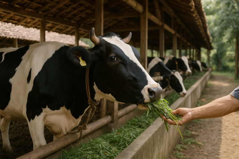 Sapi perah Holstein di peternakan Indonesia mendapatkan pakan berkualitas untuk produksi susu optimal